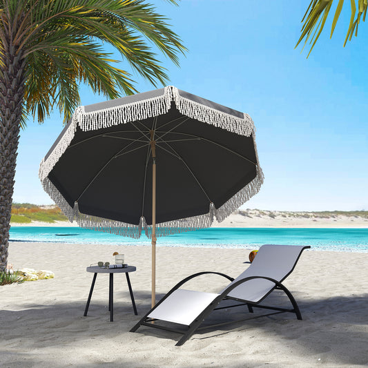 Outsunny 1.7 m Beach Umbrella With Sand Anchor And 30 Degree Tilt Adjustable Height Fringed Parasol Grey