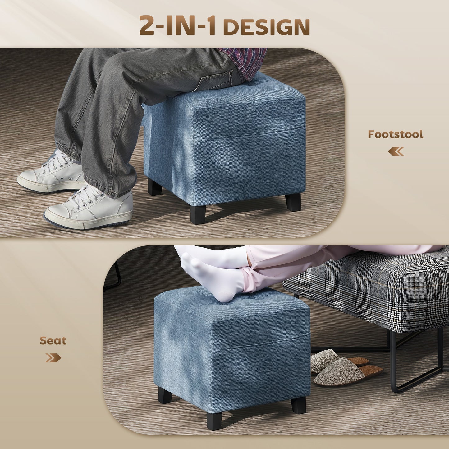 HOMCOM Small Ottoman Square Footstool With Side Pocket Rubber Wood Legs And Padded Seat Dark Blue
