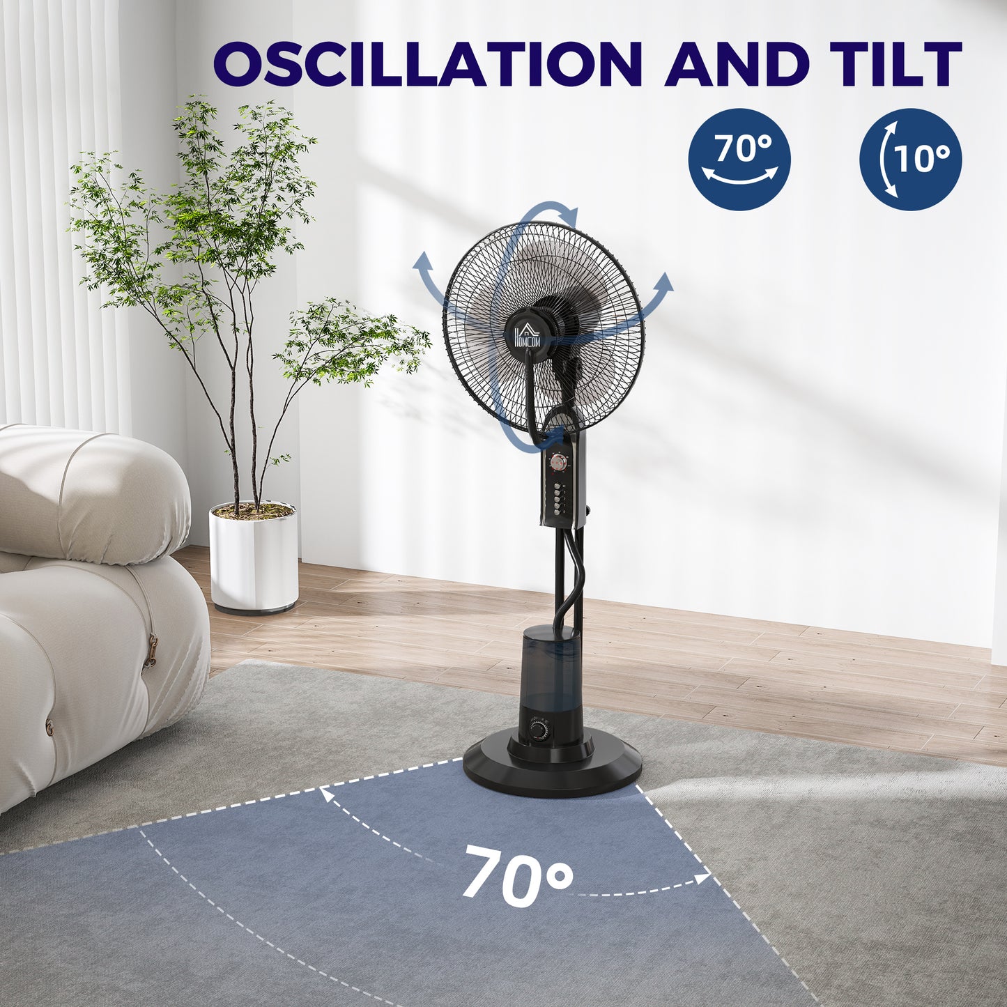 HOMCOM Pedestal Fan With Water Mist Spray 3 Speed Oscillating Misting Fan 70 Degree Tilt Head 3.2L Tank Home Use 120 cm