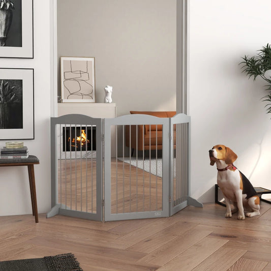 PawHut Foldable Dog Gate | Freestanding Pet Gate with Two Support Feet | Ideal for Staircases, Hallways, and Doorways | Grey
