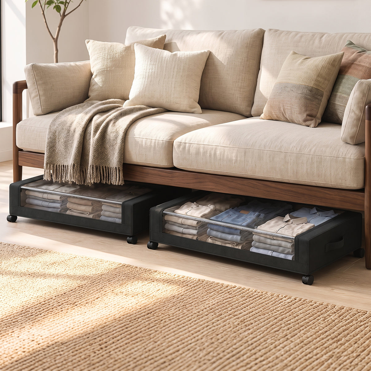Wheeled Under Bed Storage Drawers Pack Of 2 40L Capacity With Clear Lids