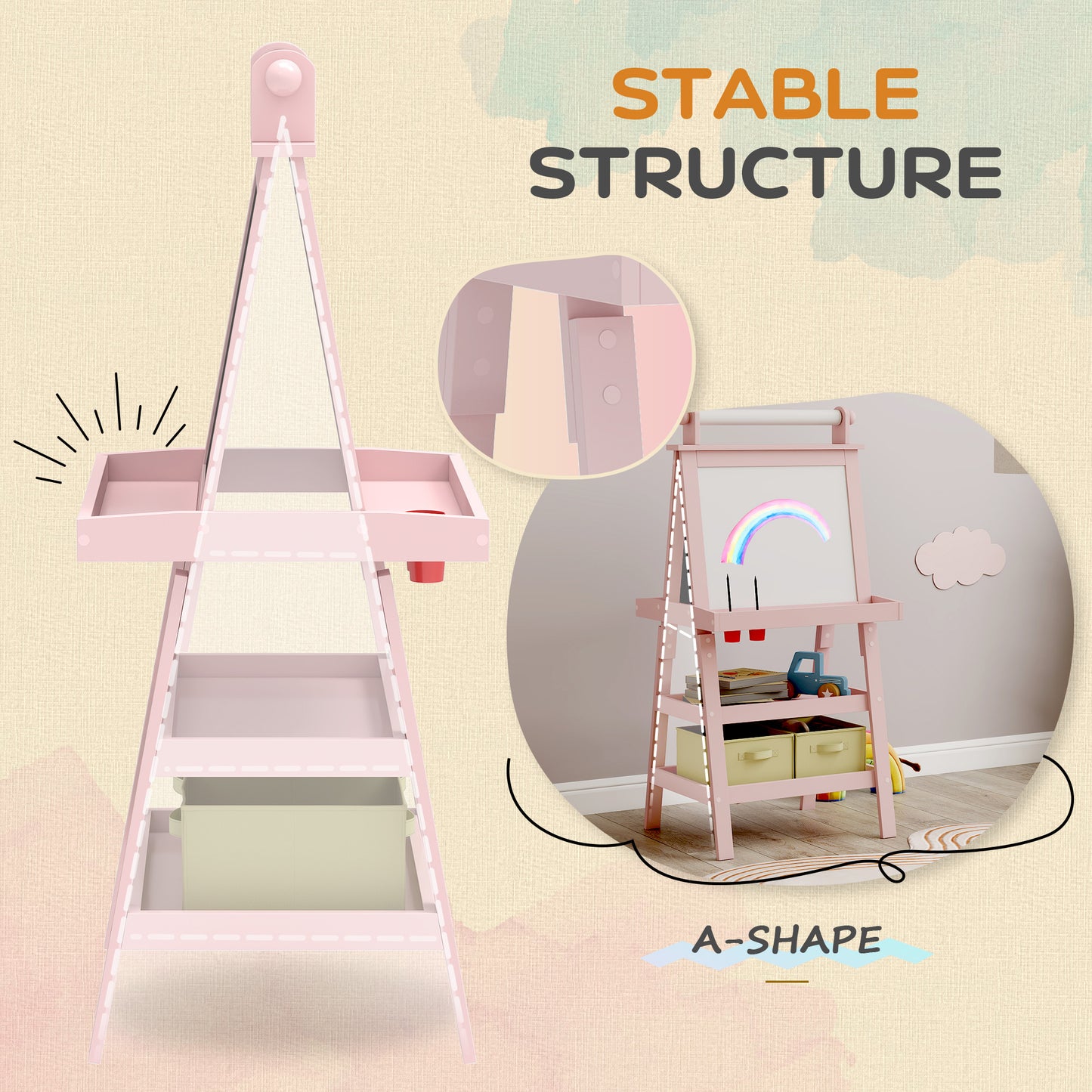 AIYAPLAY 3 In 1 Kids Easel Double Sided Magnetic Whiteboard And Chalkboard With Paper Roll And Storage Baskets Pink