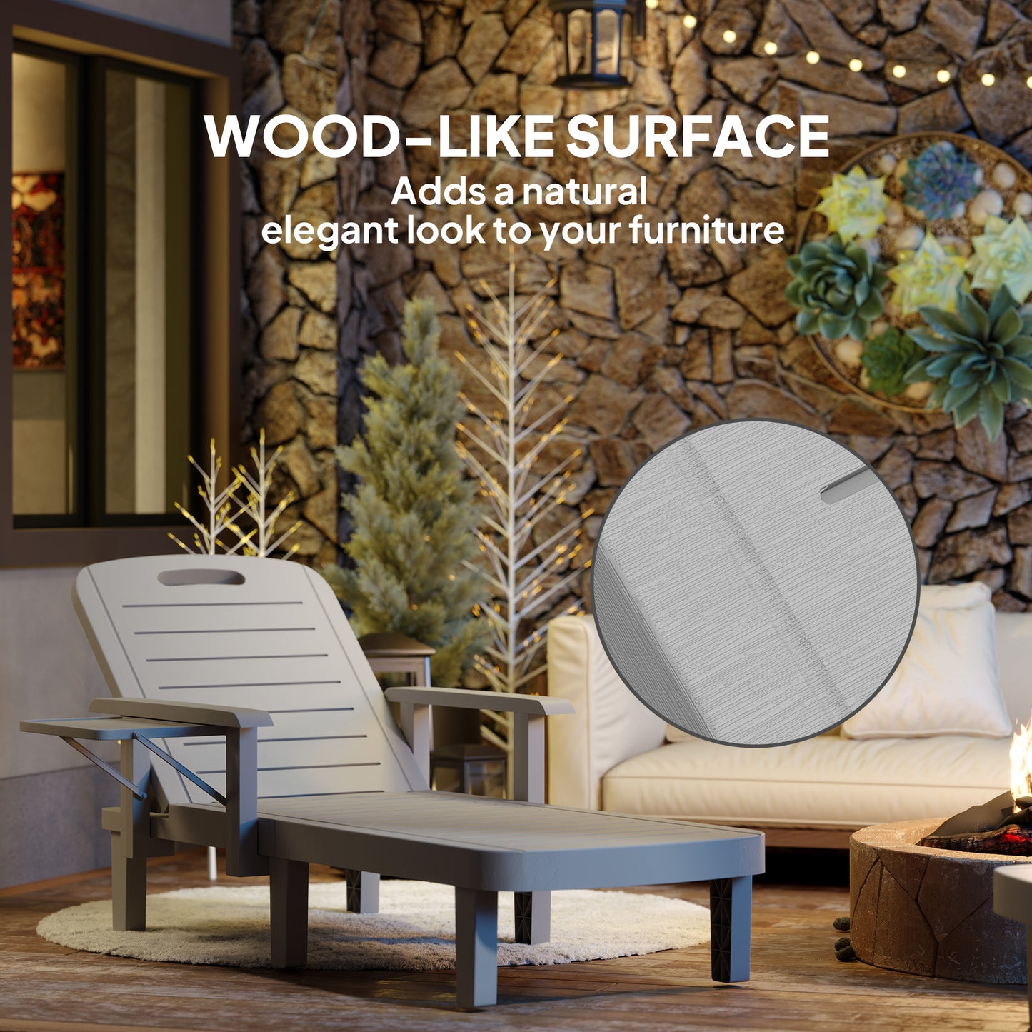Outsunny Set Of 2 Resin Sun Loungers For Garden 5 Position Adjustable With WoodTexture Foldable Side Table Light Grey