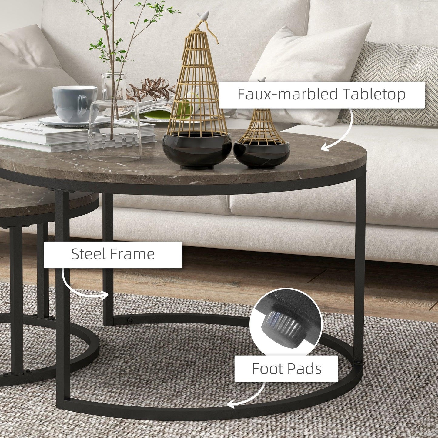 HOMCOM Industrial Nesting Coffee Table Set of 2, Round Coffee Tables, Living Room Table with Faux Marbled Top and Steel Frame - ALL4U RETAILER LTD