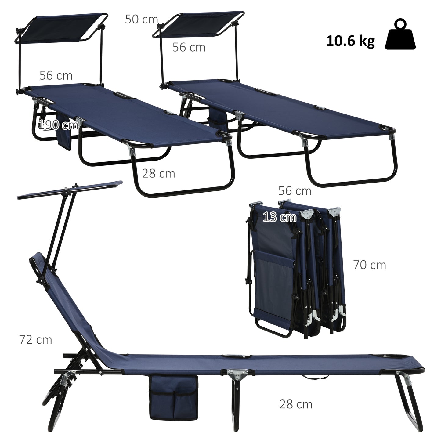 Outsunny Set Of Two Folding Sun Loungers With Adjustable Backs And Sun Canopies In Dark Blue