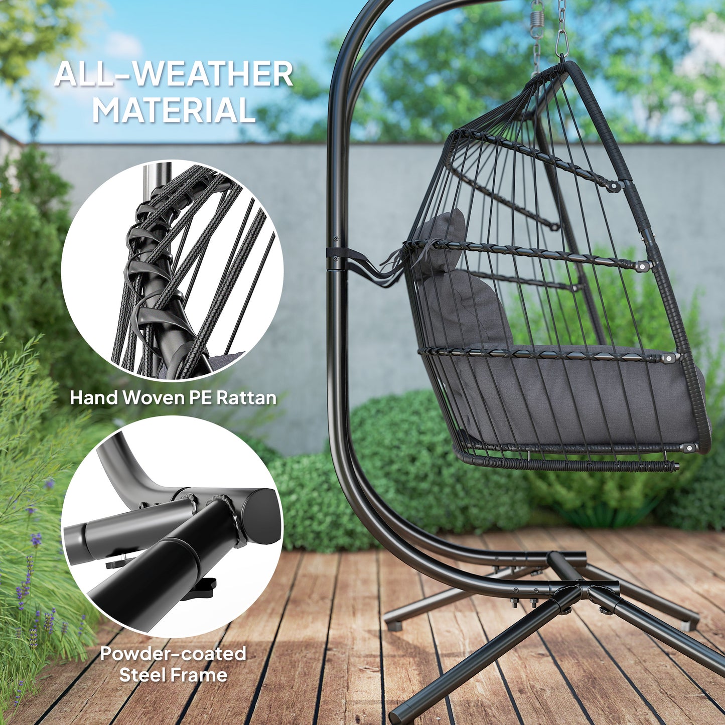 Outsunny Rattan Double Hanging Egg Chair With Stand Foldable Wicker Swing Cushion Pillows For Indoor Outdoor Dark Grey