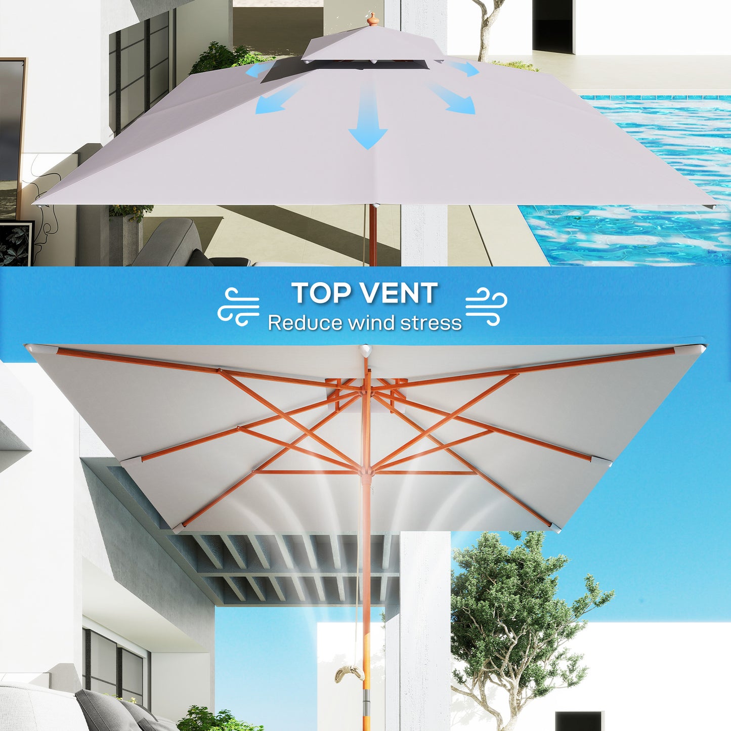 Outsunny 3 x 3m Garden Parasol with Double Tier Canopy UV Resistant Patio Umbrella for Sun Shade Outdoor Dining Grey