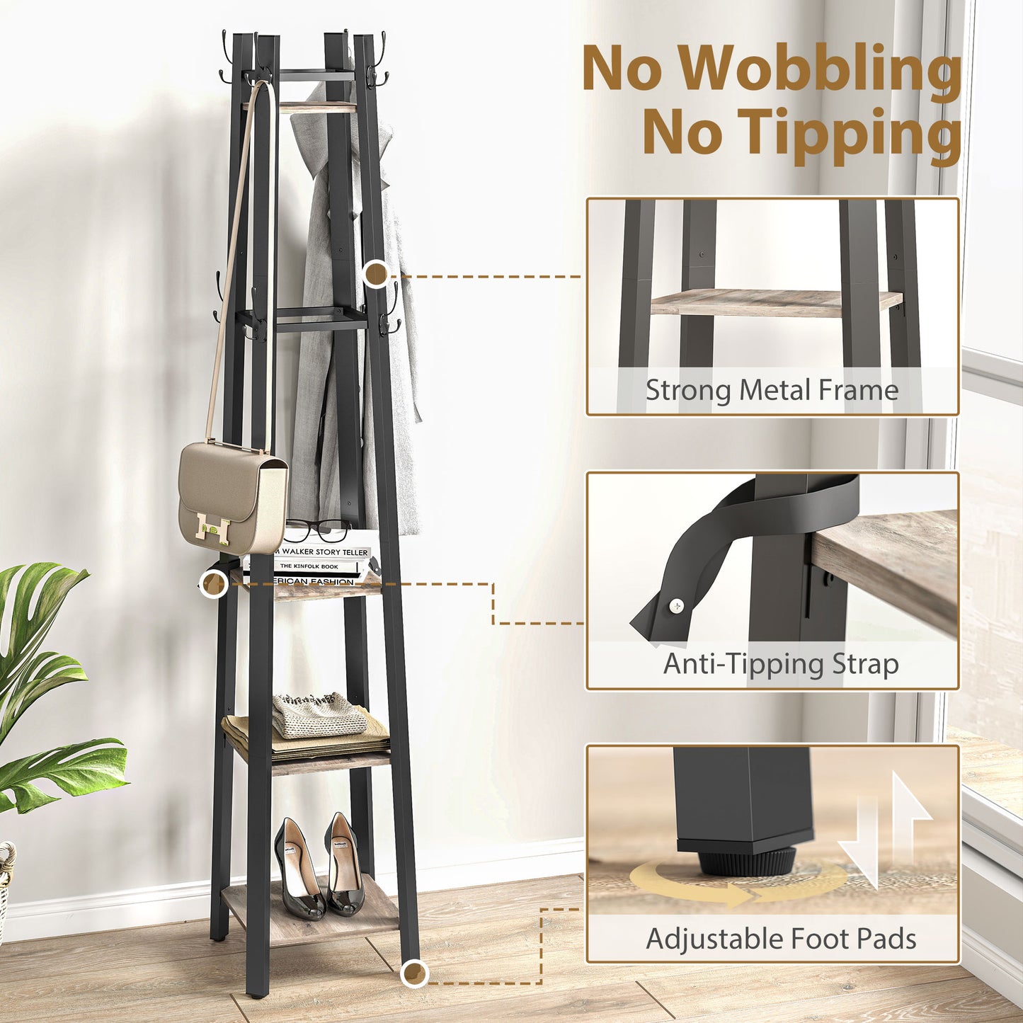 HOMCOM Industrial-Style Four-Shelf Coat Stand With Eight Triple-Prong Hooks In Grey And Black