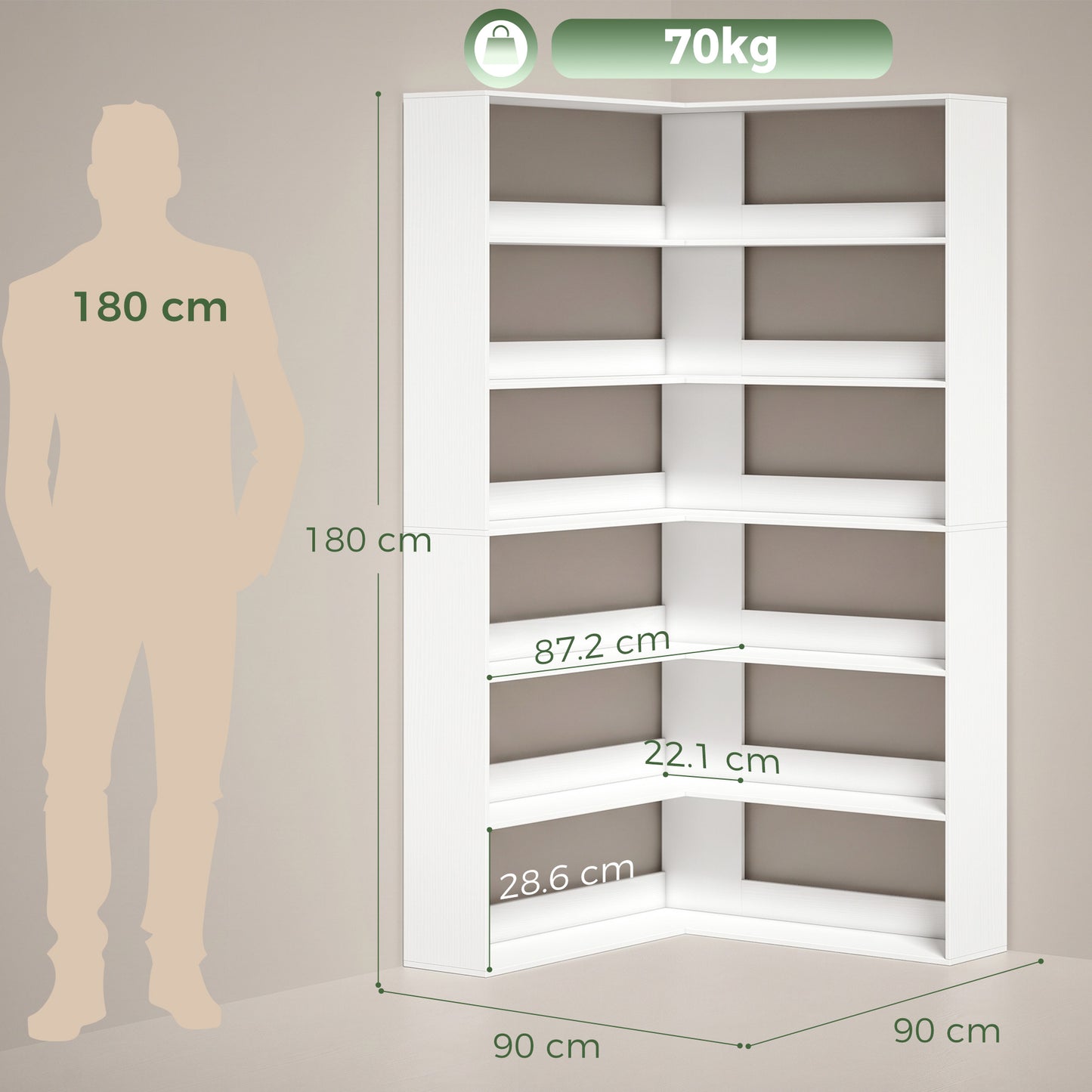 HOMCOM 7 Tier L Shaped Corner Bookshelf White Wood Effect 180 cm Tall With Anti Slip Rear Guard