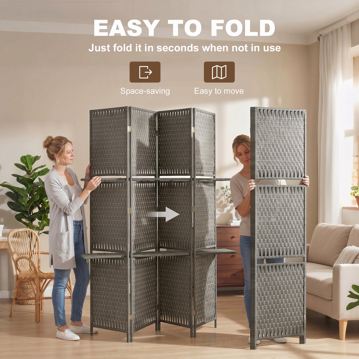 HOMCOM Wave Fibre Freestanding Folding Privacy Screen Panels Room Divider Grey With Shelves For Storage