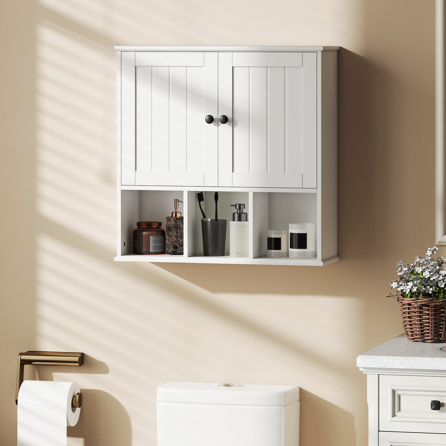 HOMCOM Farmhouse Wall Mounted Bathroom Cabinet With Adjustable Shelf Double Doors Open Compartments White