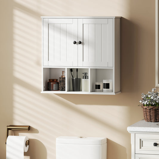 HOMCOM Farmhouse Wall Mounted Bathroom Cabinet With Adjustable Shelf Double Doors Open Compartments White
