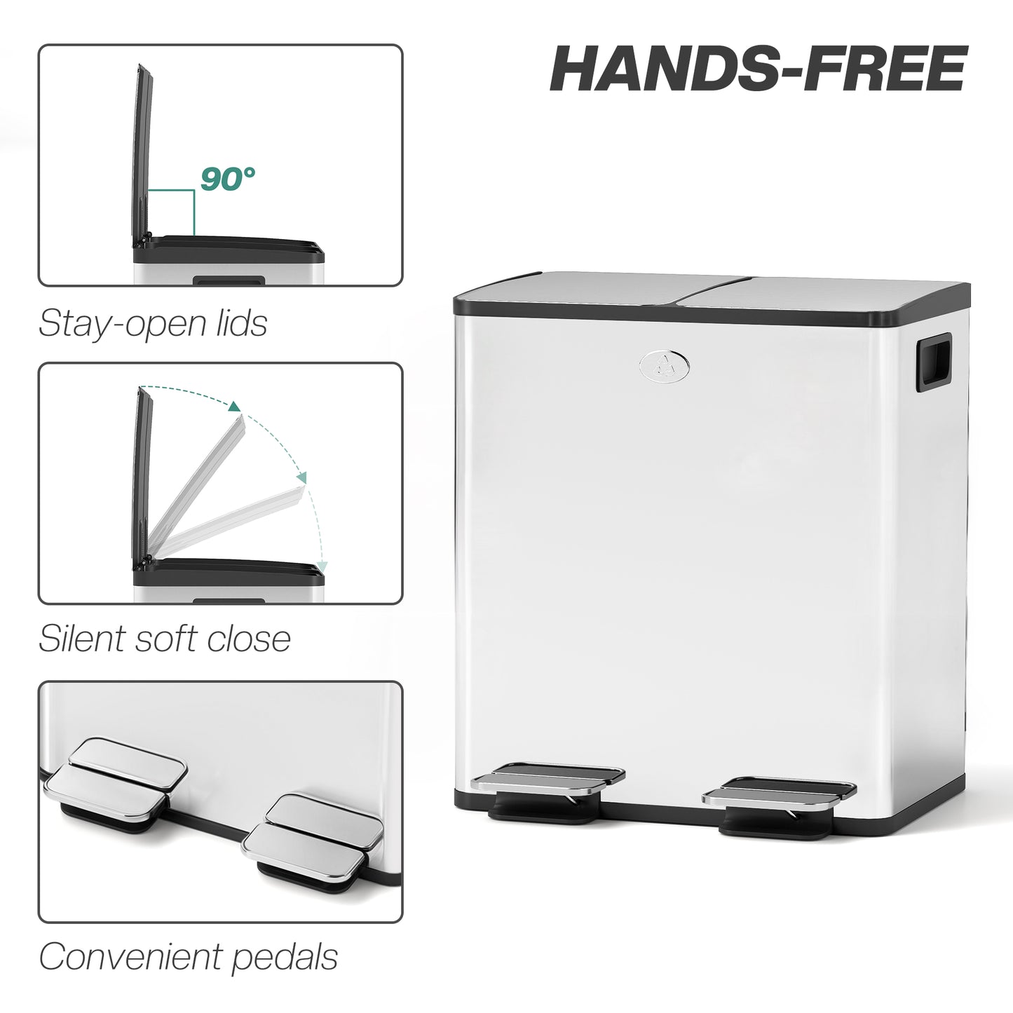 Homcom 40L Dual Compartment Stainless Steel Bin With Deodoriser Holders Silver Tone Kitchen Waste Bin
