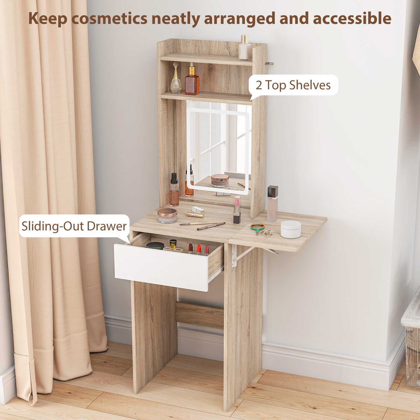 HOMCOM Small Vanity Desk With Mirror And Led Lights Compact Dressing Table With Drop Leaf Open Shelves Natural Wood