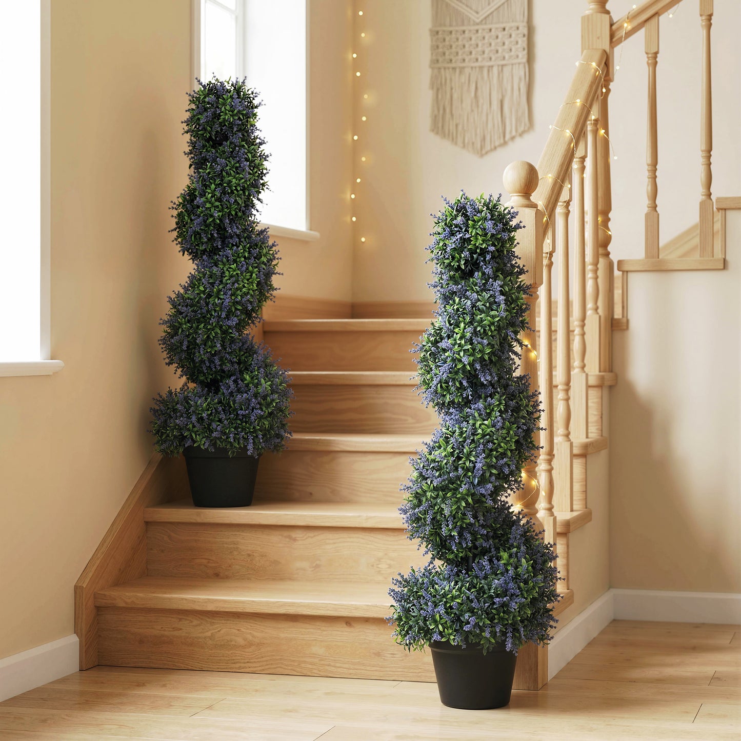 HOMCOM Artificial Lavender Topiary Set Of 2 UV Resistant Fake Plants In Pots For Indoor Outdoor Decor 90 Cm Purple