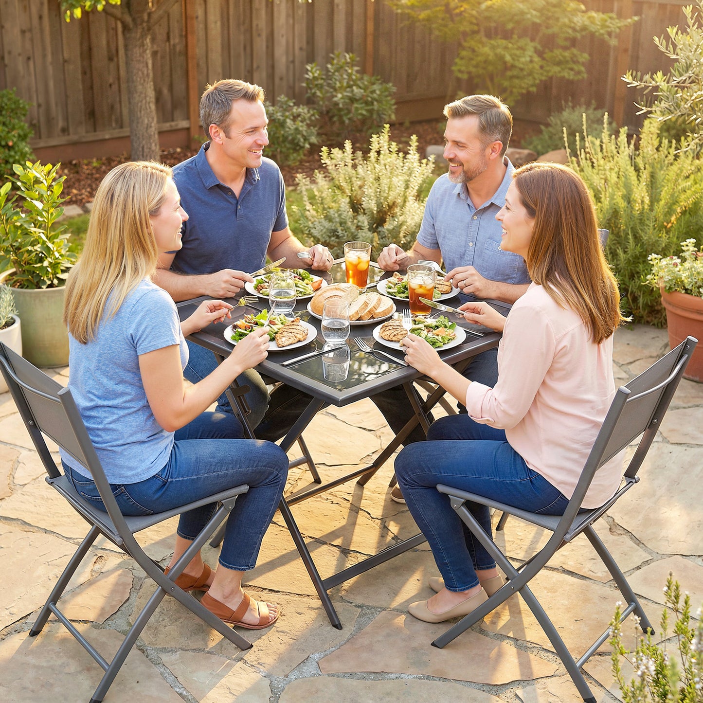 Outsunny Folding Outdoor Dining Table Square Garden Table With Tempered Glass Top Parasol Hole 70x70x70 cm
