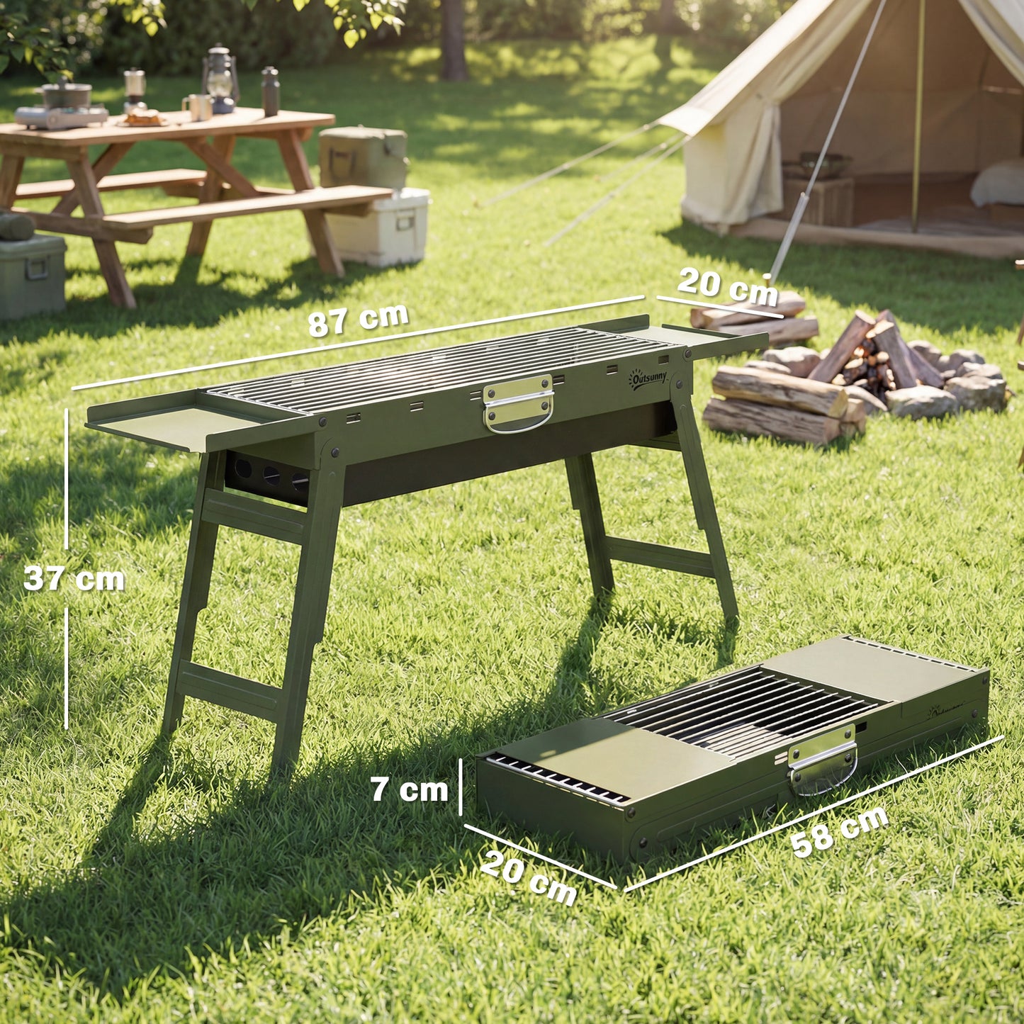 Outsunny Portable Foldable Charcoal BBQ Grill for Camping and Picnics with Two Side Shelves and Handle Green