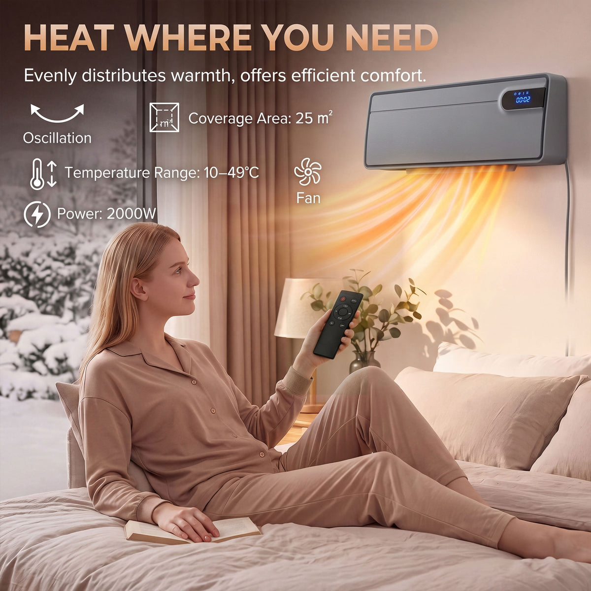 Wall-mounted ceramic space heater with digital display and remote in bedroom setting