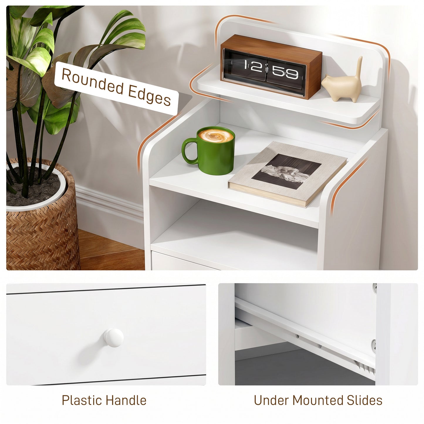 HOMCOM Bedside Cabinet With Drawer And Shelves White Nightstand For Living Room And Bedroom