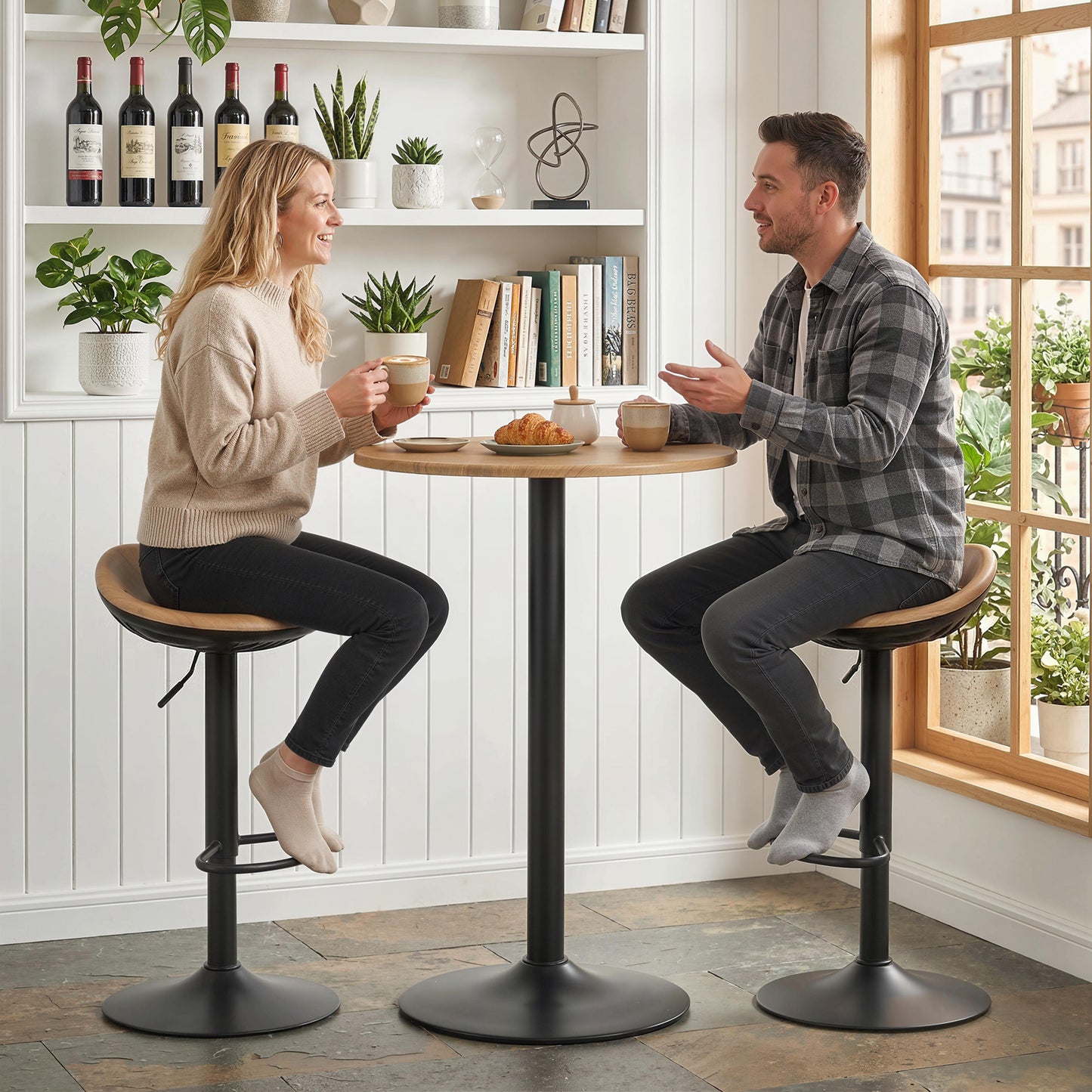 HOMCOM Set Of 2 Bar Stools PU Leather Saddle Seat Height Adjustable Swivel Kitchen Chairs With Footrest Oak