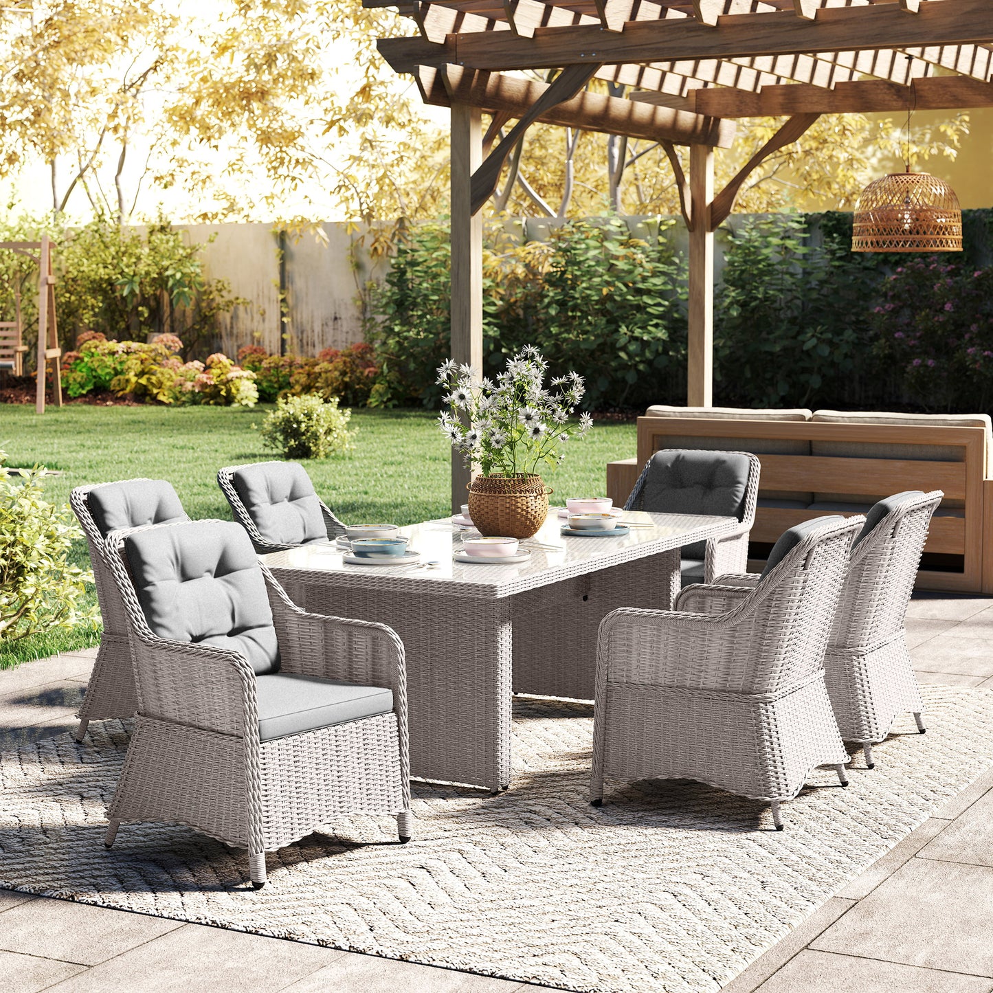 Outsunny Seven Piece Rattan Dining Set Outdoor Garden Furniture Mixed Grey Stylish Comfortable Alfresco Dining