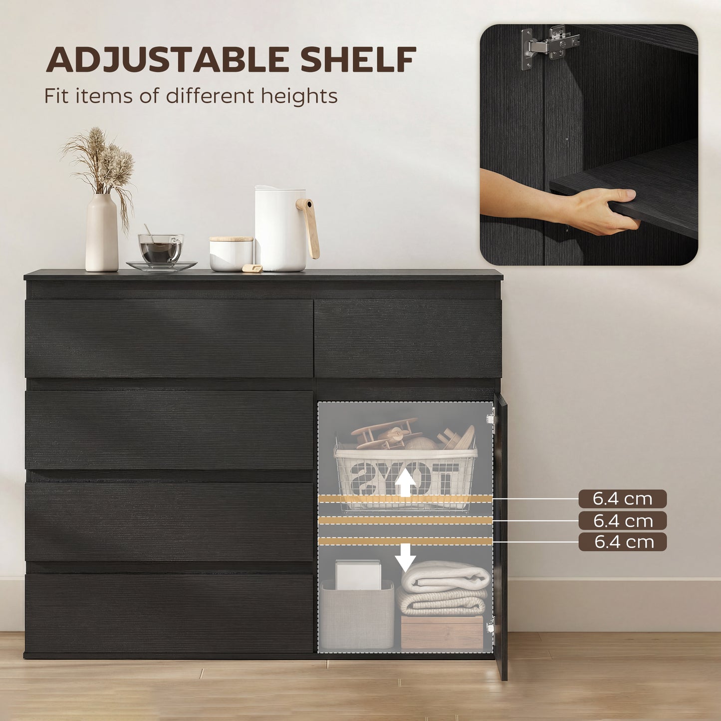 HOMCOM Modern Sideboard With 5 Drawers And Adjustable Shelf Soft Close Door Black Finish