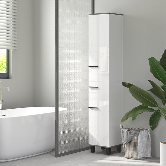 HOMCOM 190cm Tall Slim Bathroom Storage Cabinet With Adjustable Shelves In Both Cupboards And Middle Drawer White