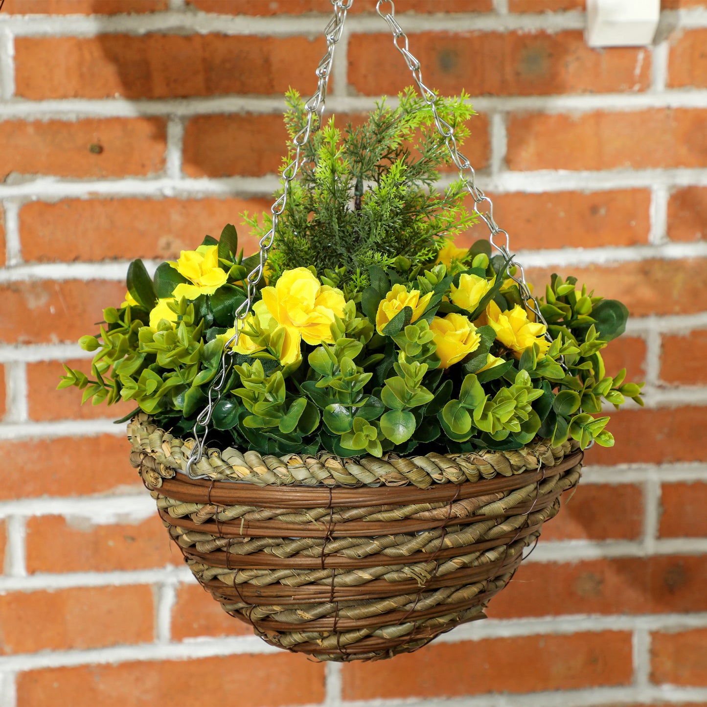Outsunny Set Of Two Hanging Lisianthus Artificial Flower Pots In Yellow And Green