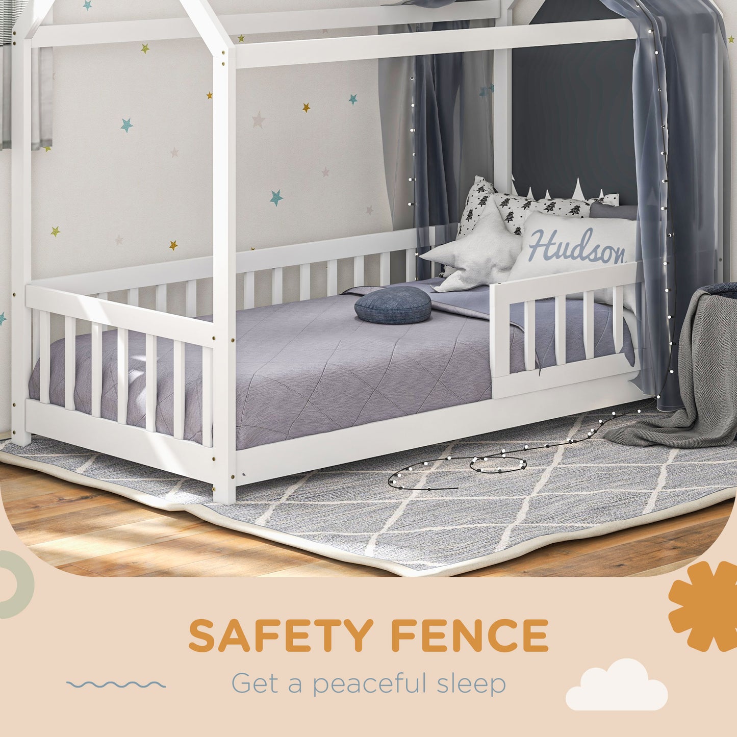 HOMCOM House Shaped Kids Bed Frame With Guard Rails In Solid Pine Wood Ideal Single Bed For Boys And Girls