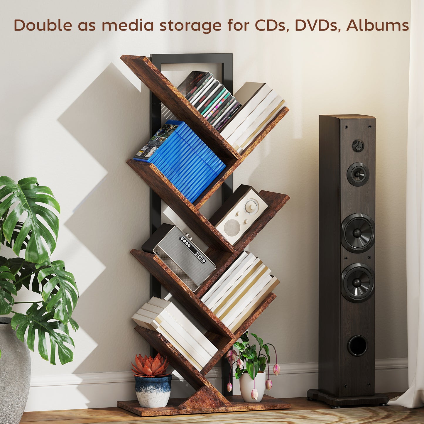 HOMCOM Six Section Tree Bookcase With Steel Frame And Wood Effect Finish For Books Magazines And Media Storage