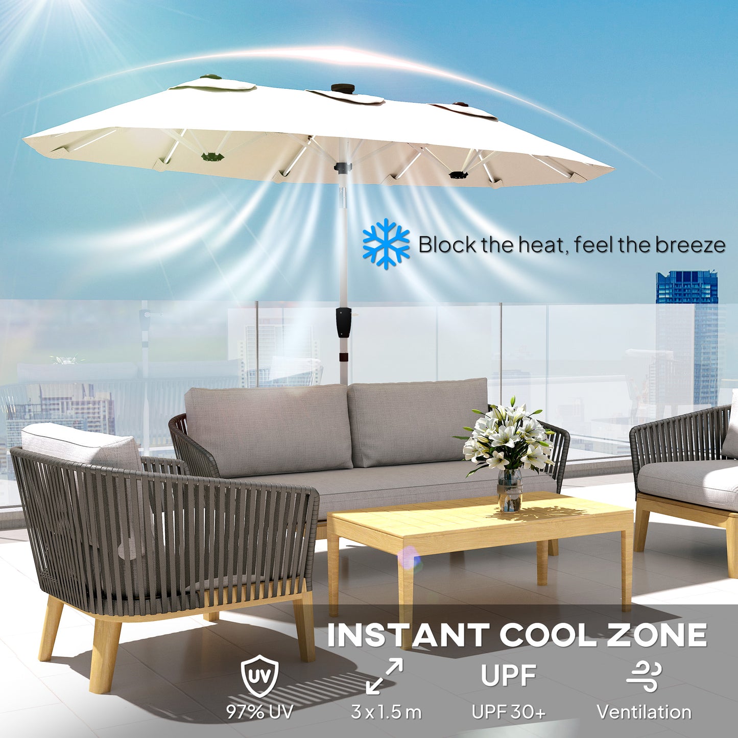 Outsunny 3m Double Sided Garden Parasol With Led Solar Lights Cream White Outdoor Sun Umbrella With Crank