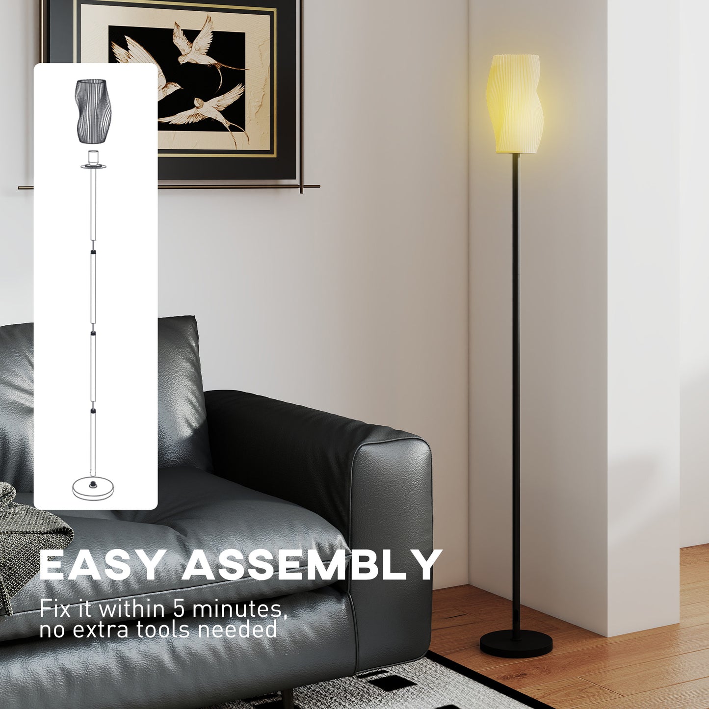 HOMCOM 3D Printed Floor Lamp With Flowing Curved Shade And Foot Switch Minimalist Tall Pole E27 Holder 25W Max White