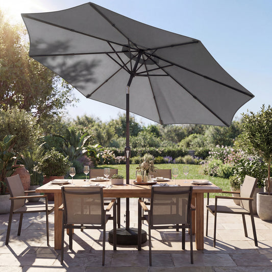 Outsunny 2.7 m Parasol Umbrella With Cross Base And Sandbag Retractable Ribs Outdoor Table Market Umbrella Light Grey