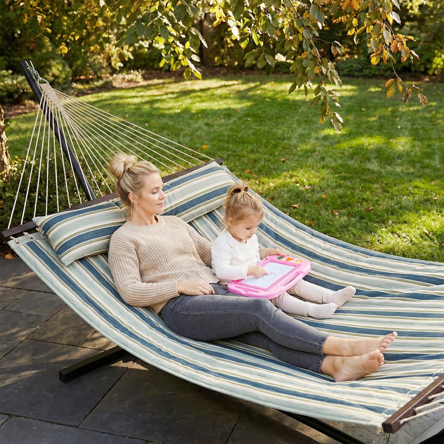 Outsunny Outdoor Hammock With Stand Detachable Pillow Striped Swing Steel Frame Green For Garden And Patio