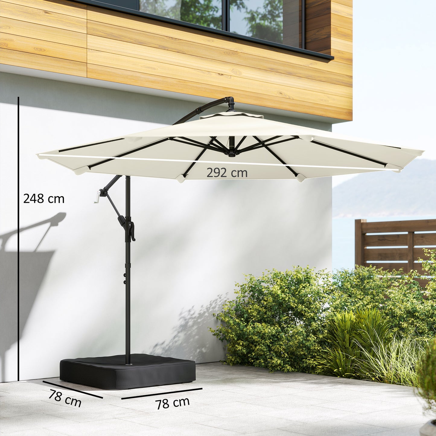 Outsunny 3m Cantilever Parasol With Cross Base And Sandbag 360 Degree Rotating Overhanging Arm Cream White