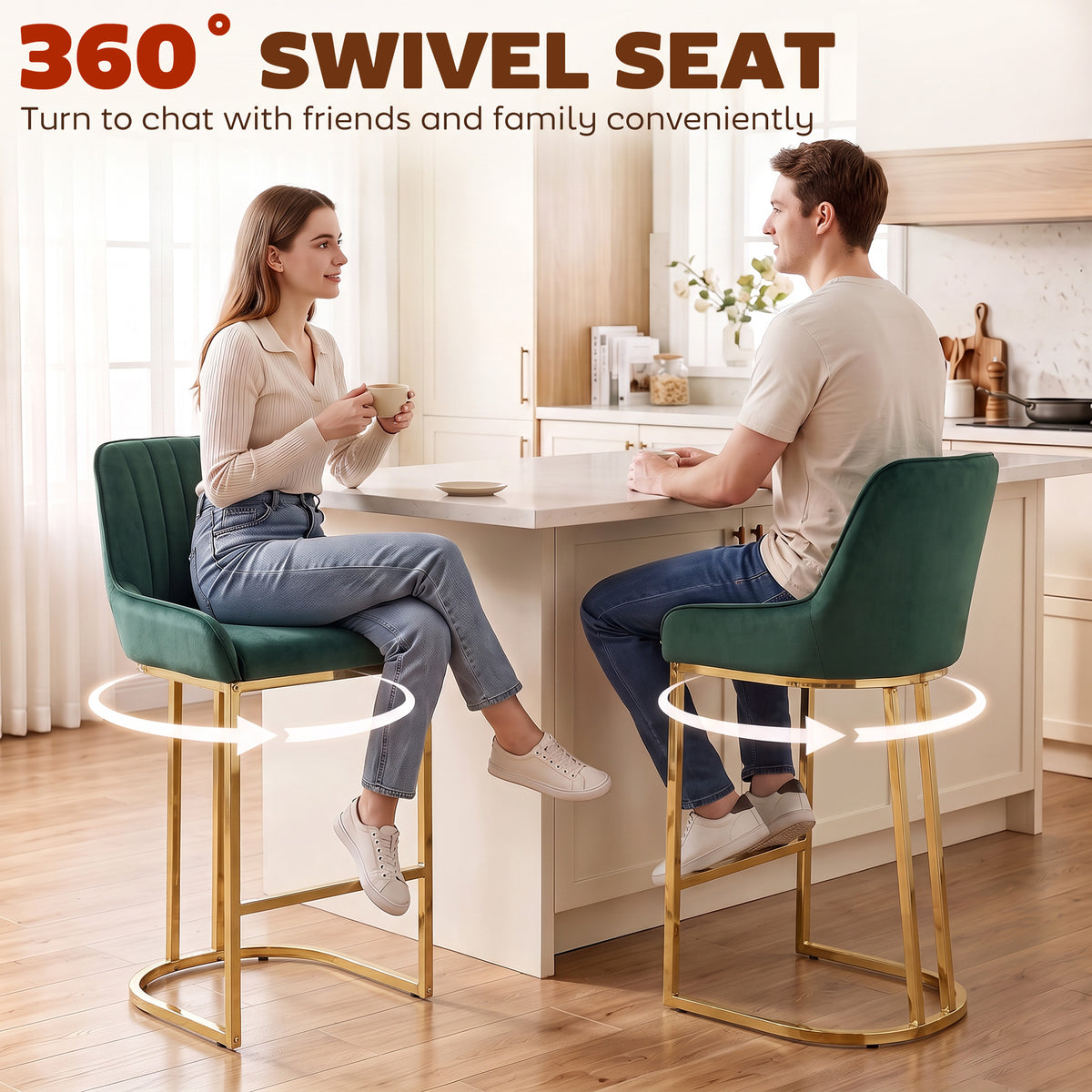 Dark green velvet bar stools with backrests, gold bases, and 360° swivel seats