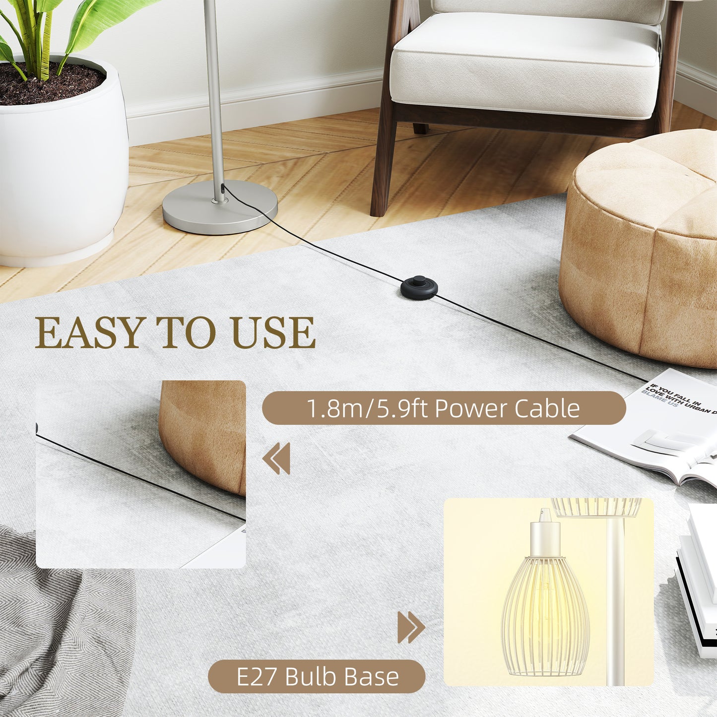 HOMCOM 3 Light Floor Lamp 170cm Dimmable Standing Lamp With Steel Wire Cage Lampshades Living Room Silver Tone
