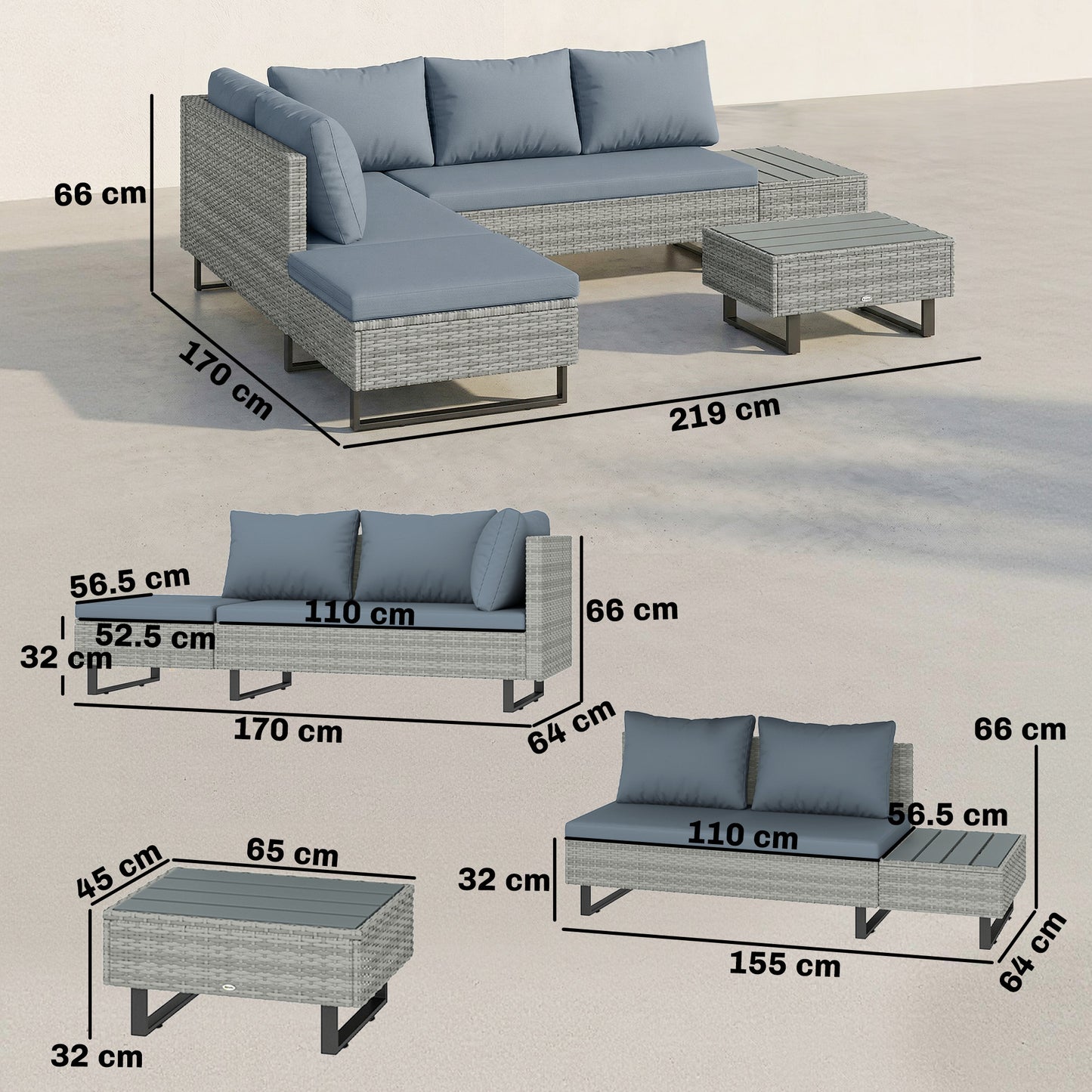 Outsunny 5 Seater Rattan Garden Furniture Set L Shaped Corner Sofa With Adjustable Back And Faux Wood Table Tops Grey