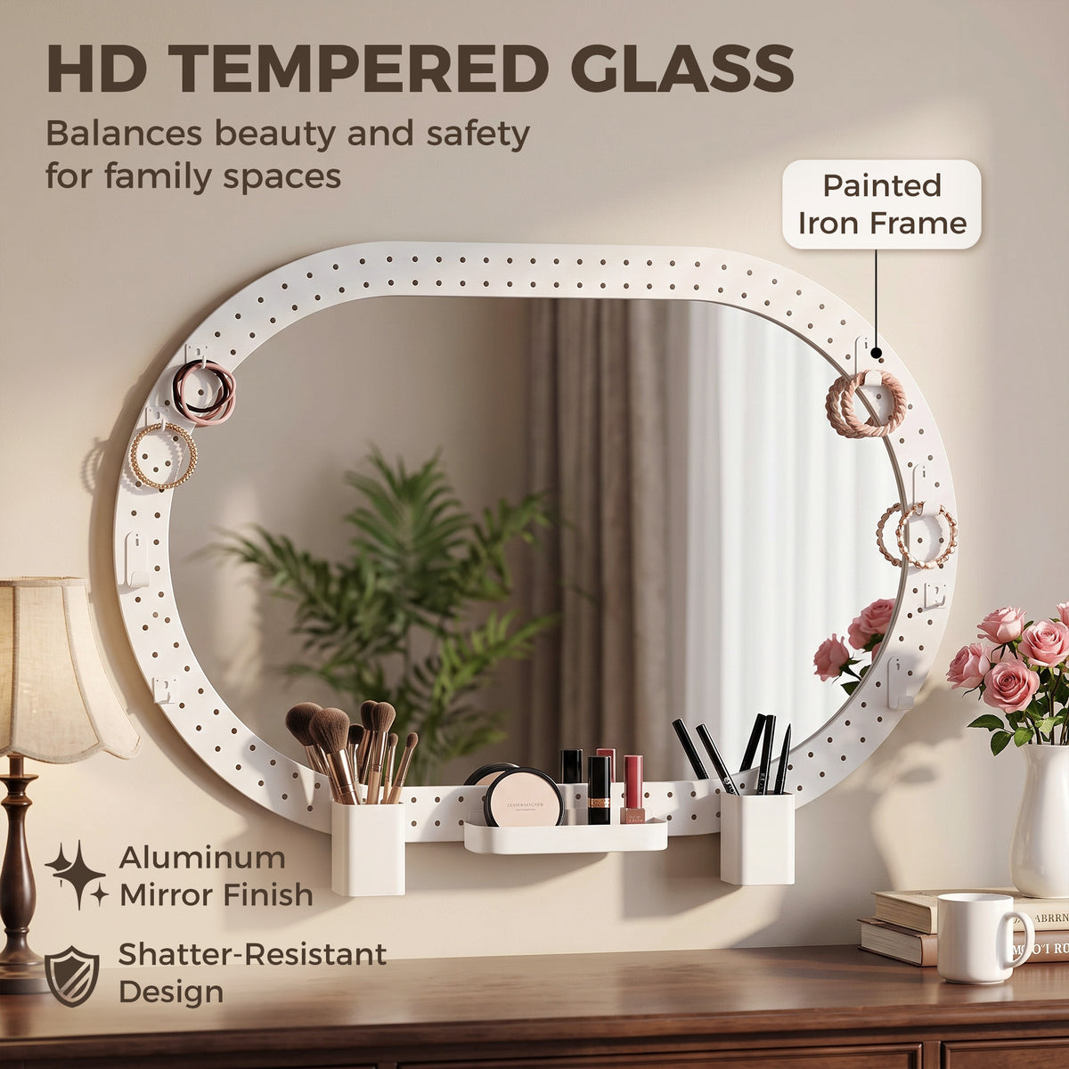 White oval wall mirror with pegboard frame and decorative storage trays