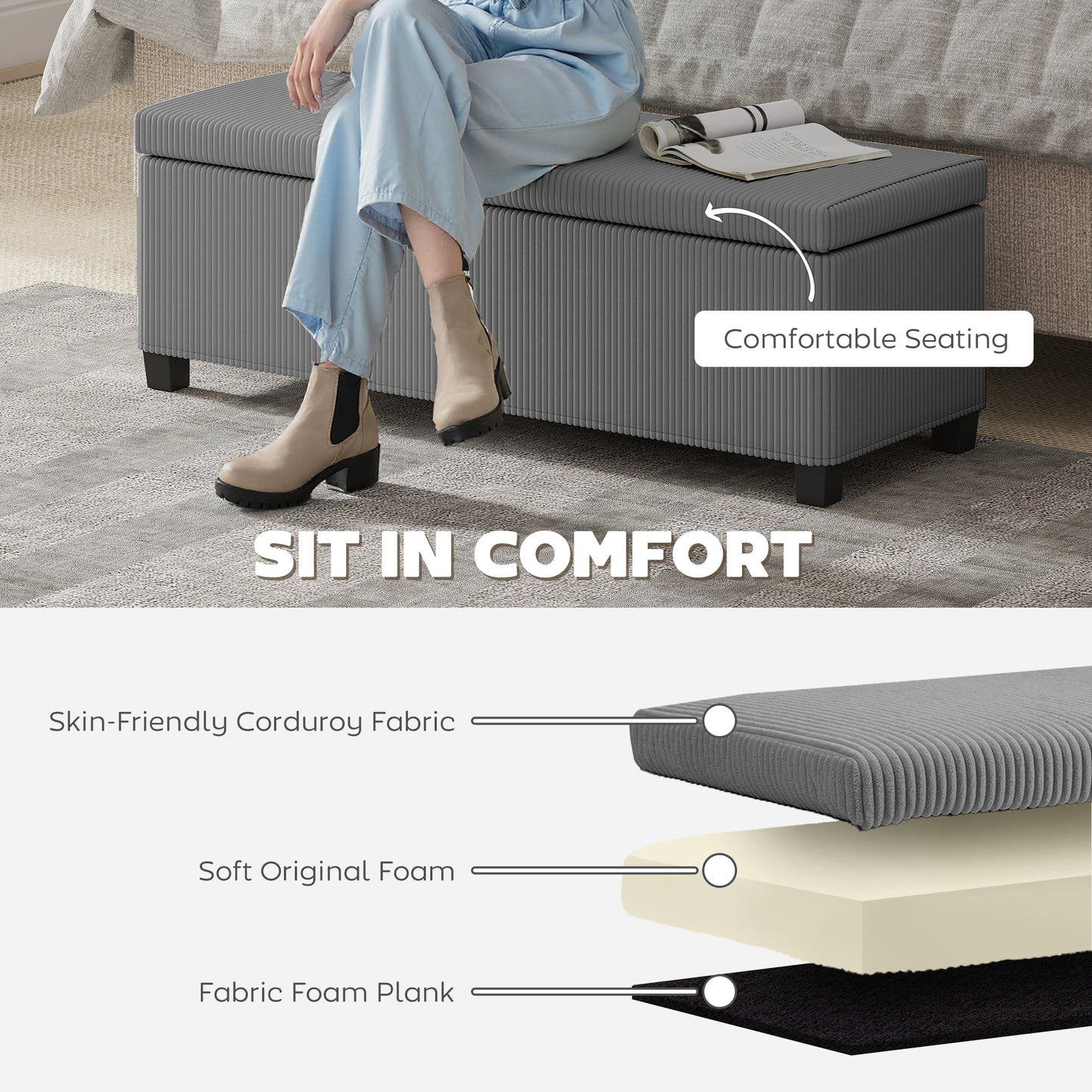 HOMCOM 84L Corduroy Storage Ottoman Grey Padded Top With Generous Storage For Bedroom And Living Room