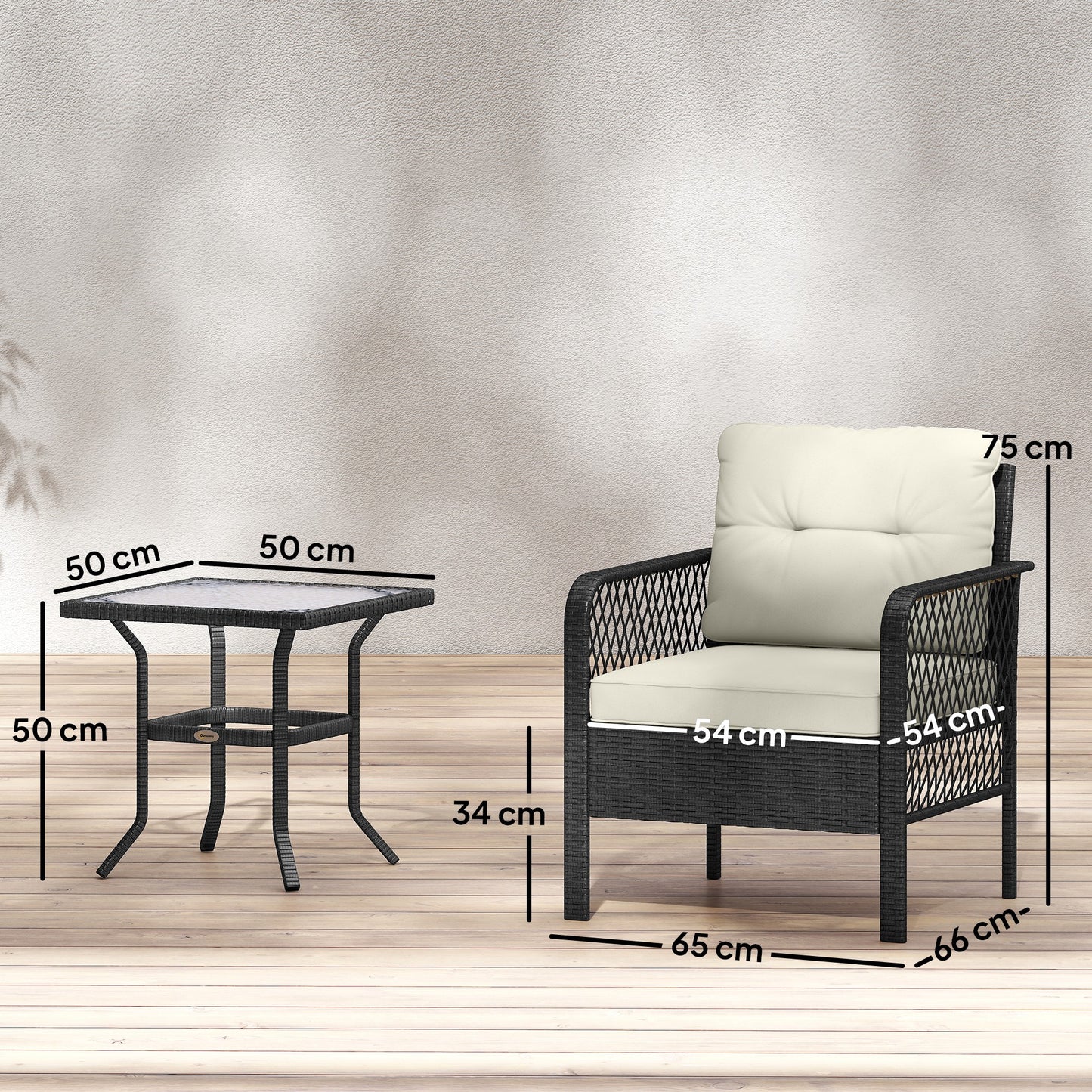 Outsunny 3 Piece Rattan Bistro Set With Glass Top Coffee Table And Cushioned Chairs For Outdoor Patio Balcony Cream