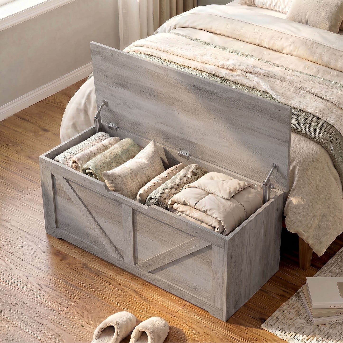 HOMCOM 127L Storage Box Bench With Safety Hinges Grey Wood Effect Durable Particle Board