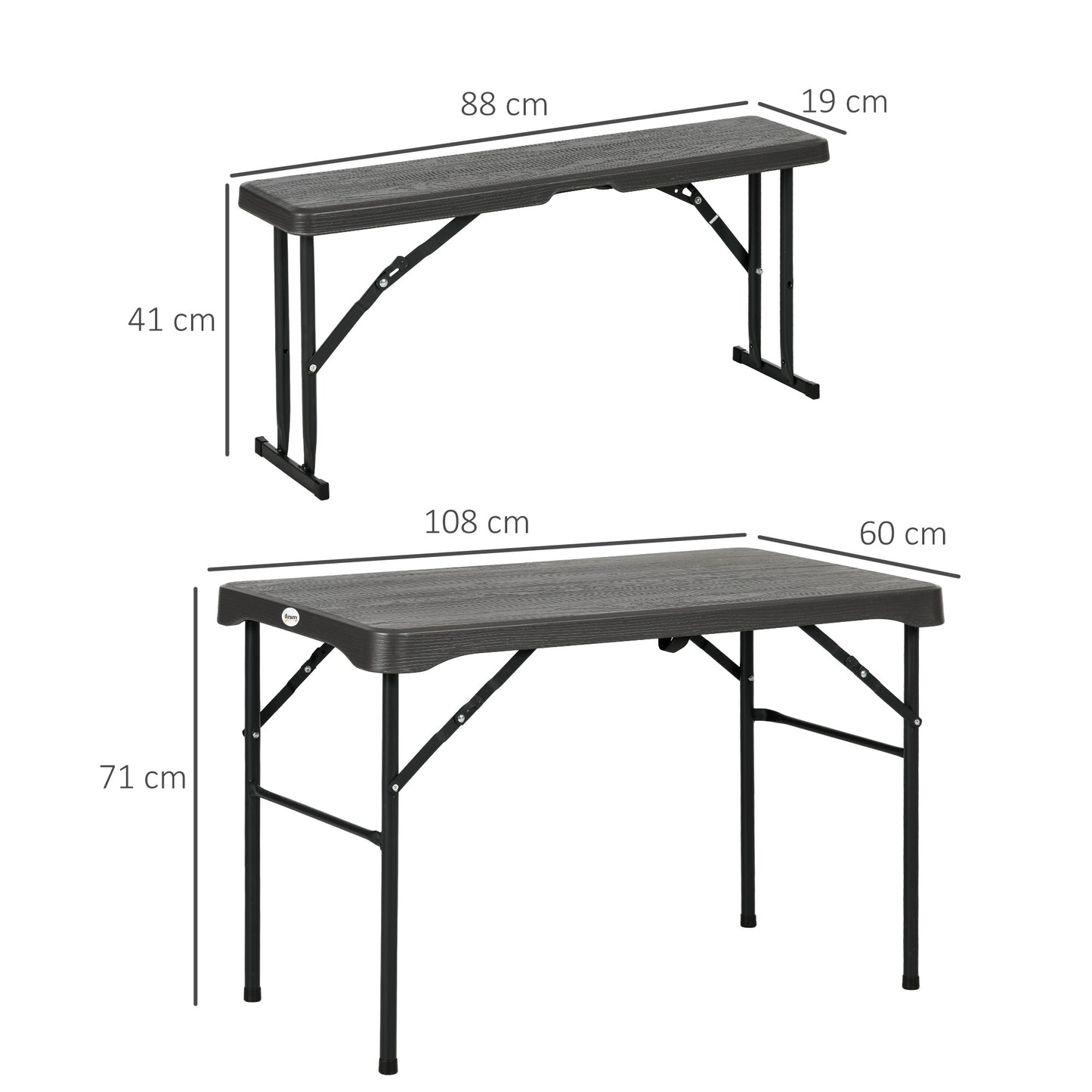 Outsunny Folding Picnic Table with 2 Benches 3 Piece Outdoor Dining Set for 4 Plastic Top Steel Frame Dark Grey