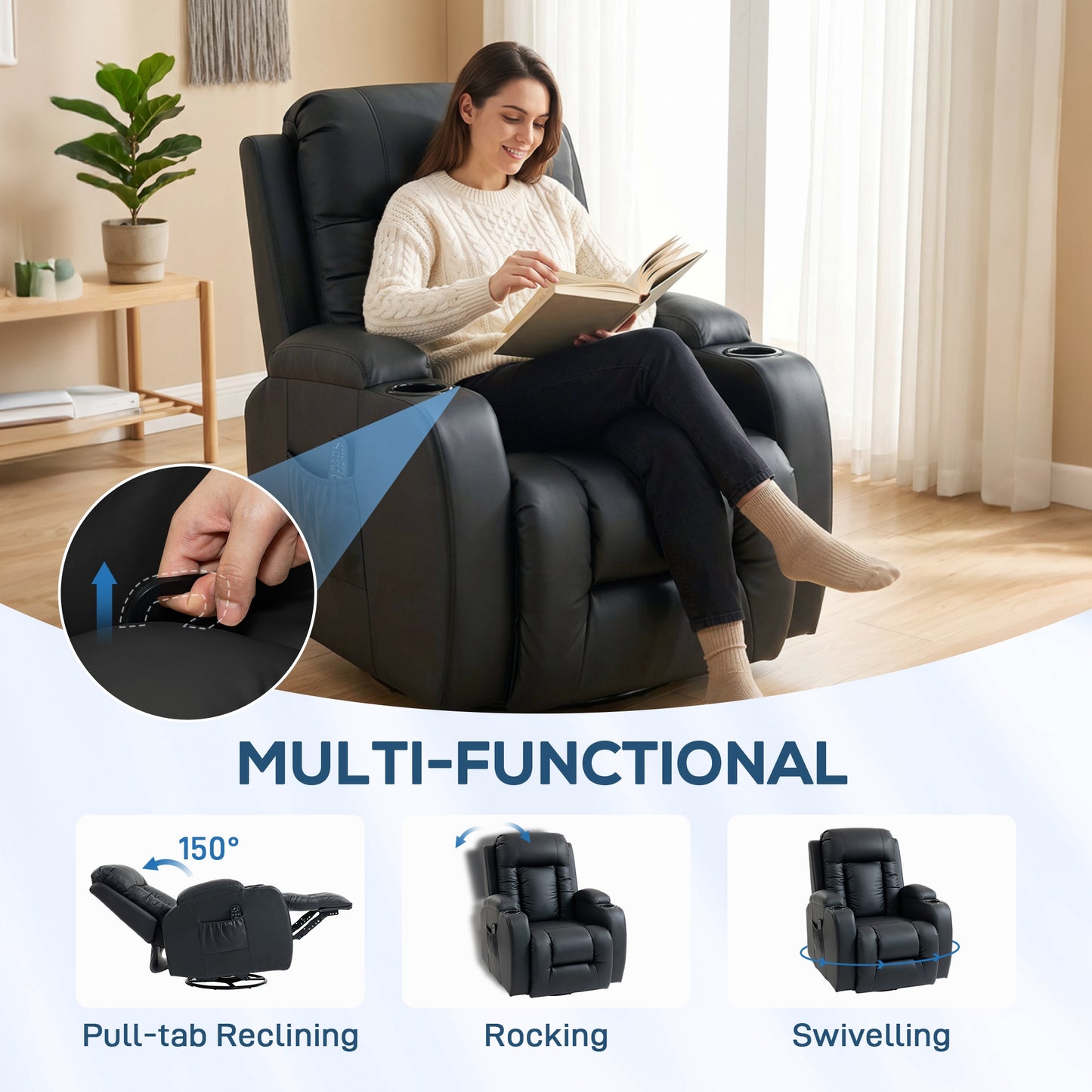 HOMCOM PU Leather Vibrating Massage Recliner Chair With Extended Footrest Cup Holders And Side Pockets Black