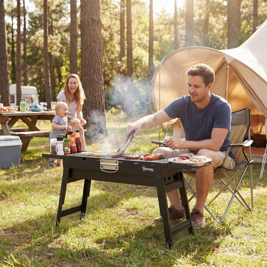 Outsunny Portable Charcoal BBQ Grill Foldable For Camping And Picnics With Two Side Shelves And Handle Black
