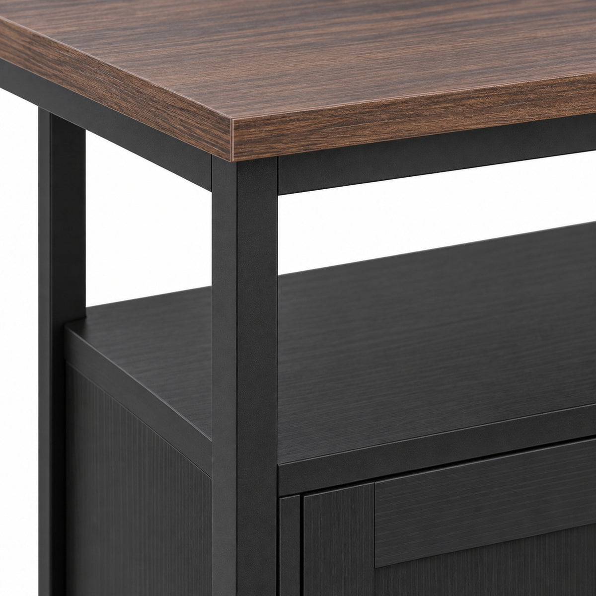 Close-up of dark gray metal sideboard frame and tabletop edge with open shelf