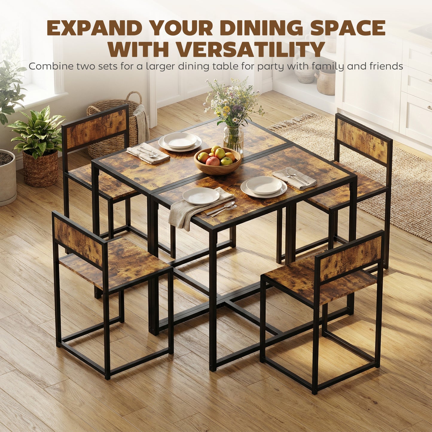 HOMCOM 3 Piece Table And Stool Set Rustic Brown For Kitchen Dining With Steel Frame And Chestnut MDF Panels