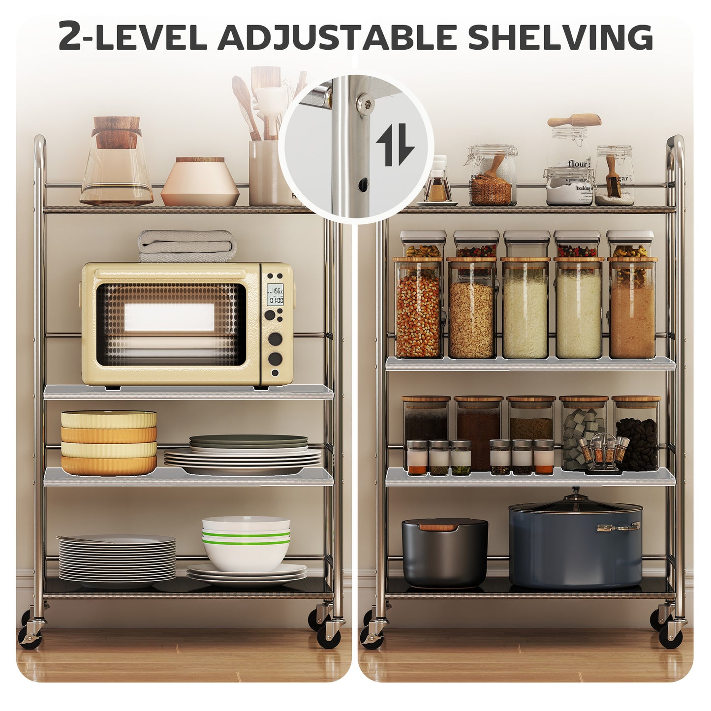 HOMCOM 4 Tier Stainless Steel Kitchen Storage Trolley With Adjustable Shelves And Locking Wheels Silver
