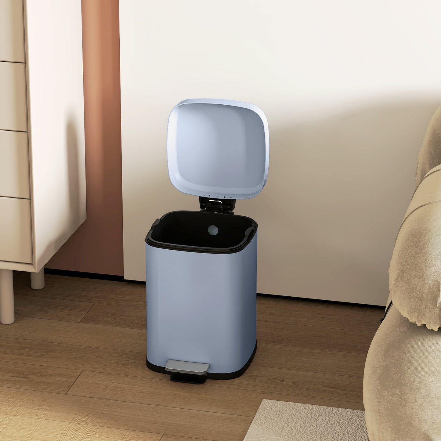 HOMCOM 12L Modern Boxy Metal Kitchen Bin With Pedal And Soft Close Light Blue Lid