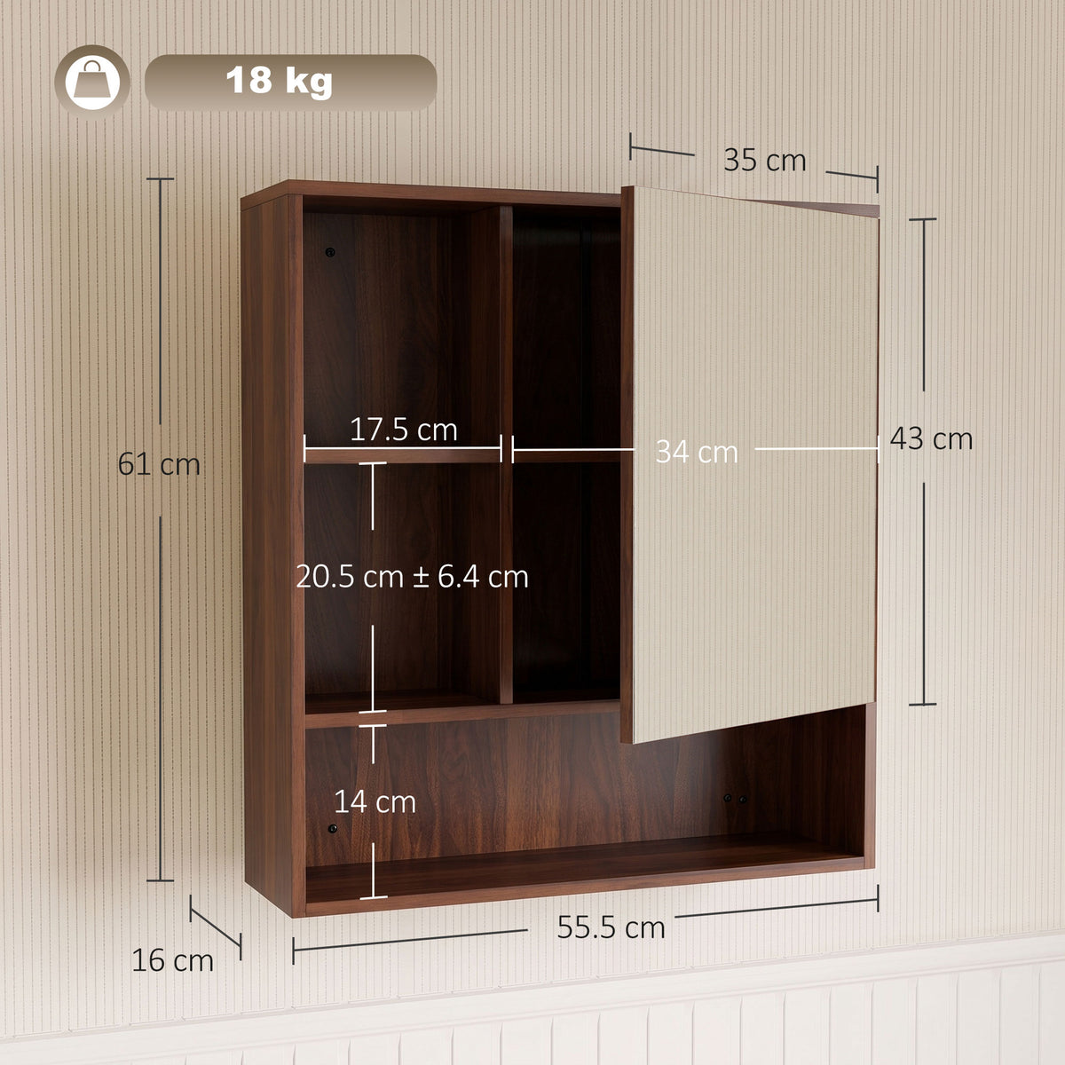 Walnut bathroom mirror cabinet dimension diagram with open shelf compartments